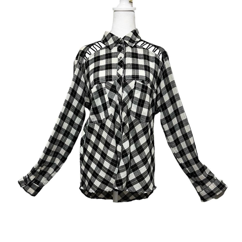 Free People Button Down Flannel Womens S Black White Plaid Long-sleeve Soft Cut